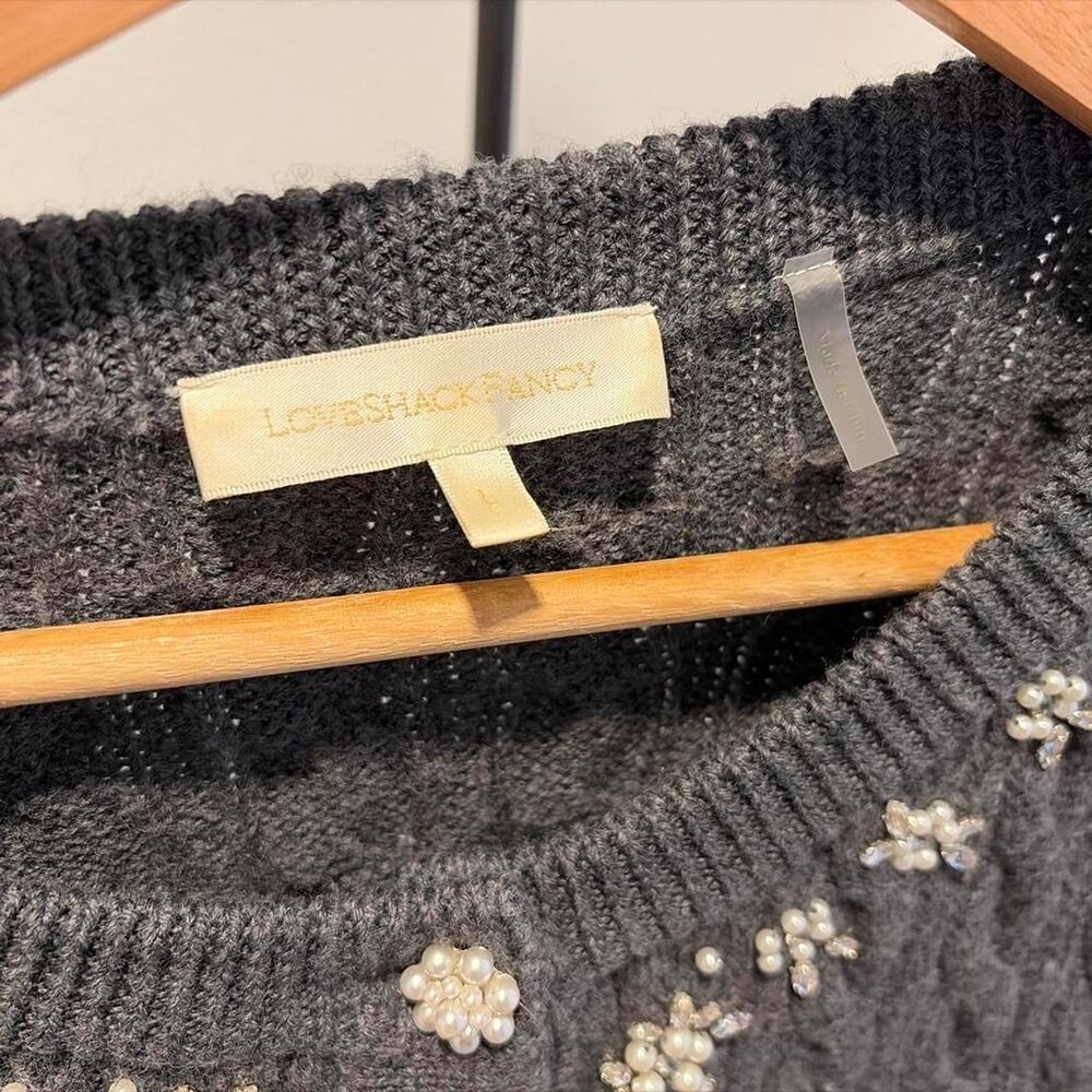 LoveShackFancy Charcoal Grey 100% Merino Wool Pearl Embellished Cardigan - Picture 2 of 6